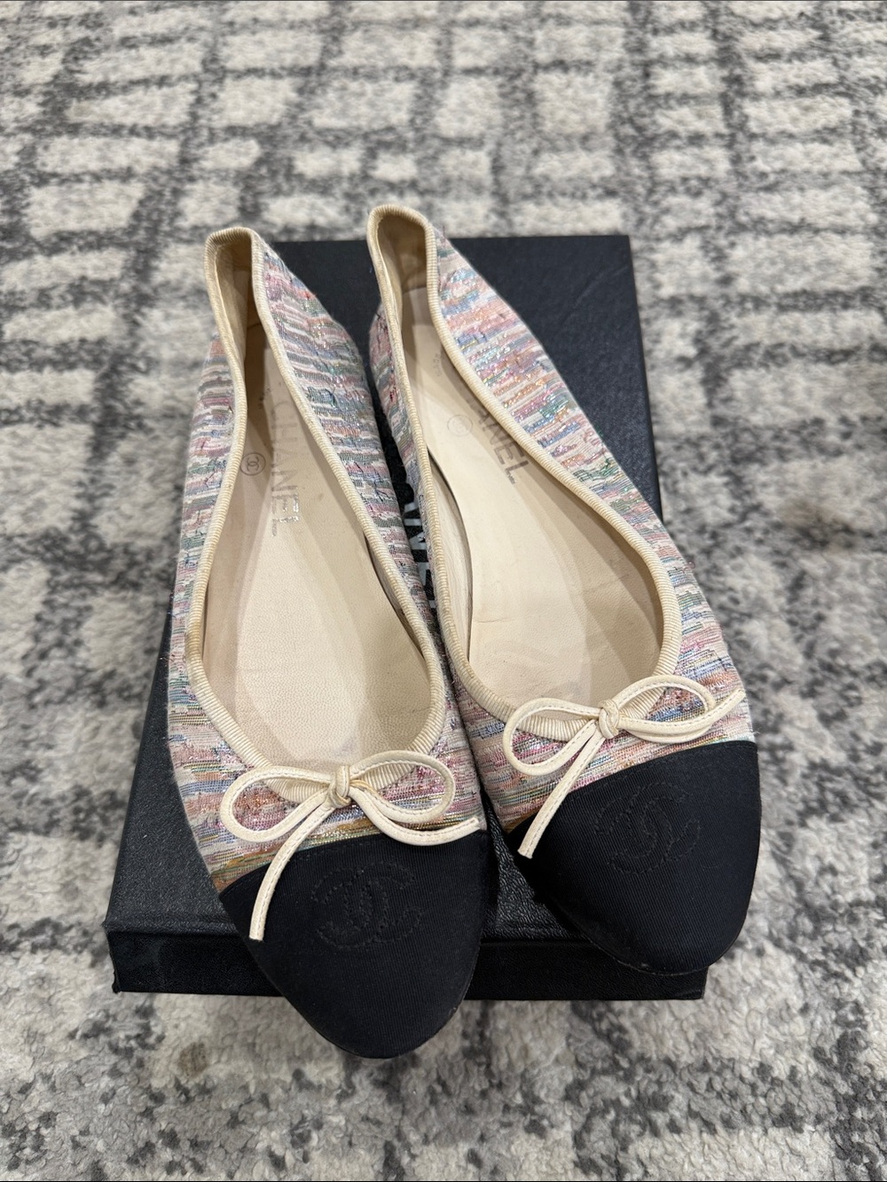 CHANEL Multicolor Tweed Ballet Flats with Black Cap Toe